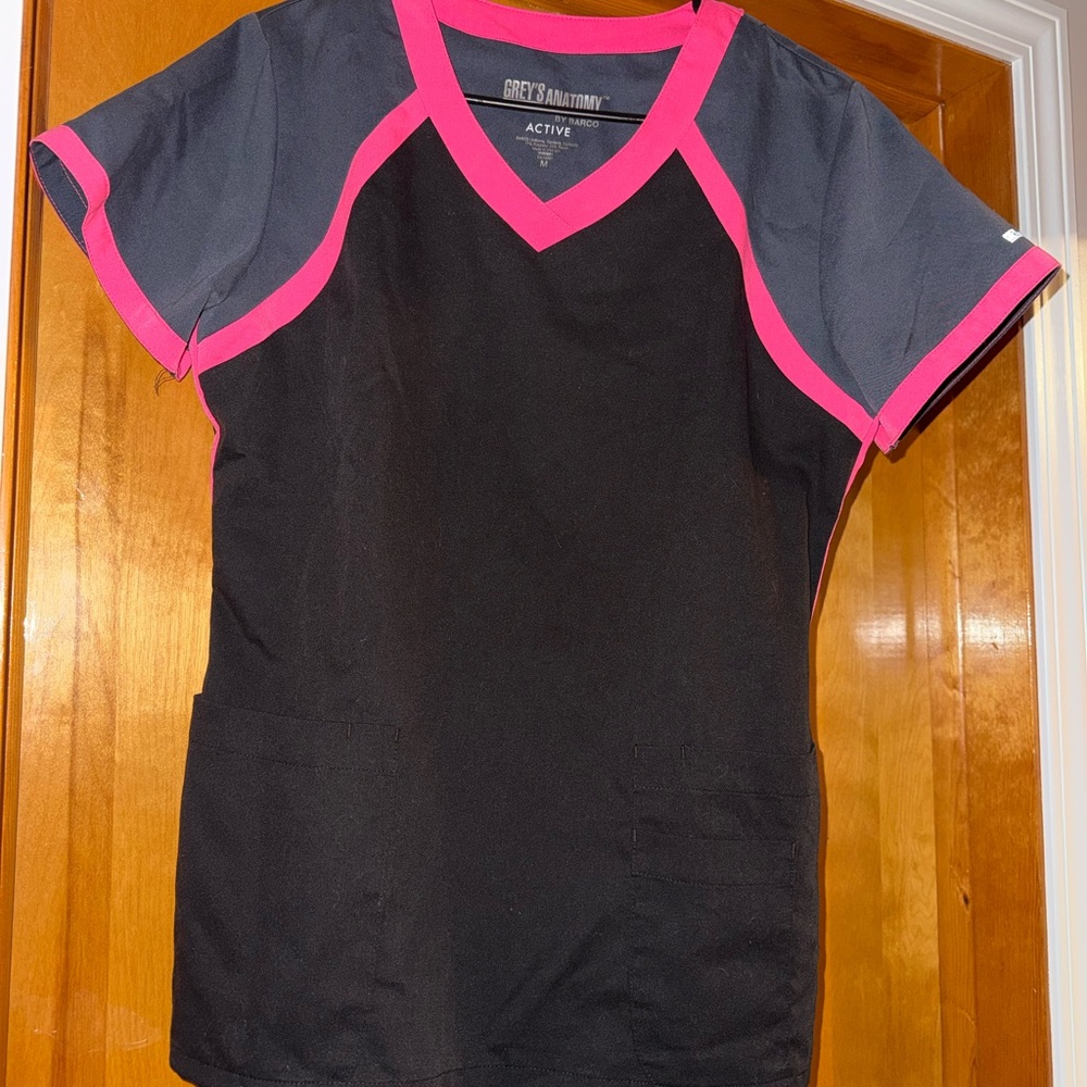 Grey's Anatomy Black Scrub Top with Charcoal Sleeves and Hot Pink Trim